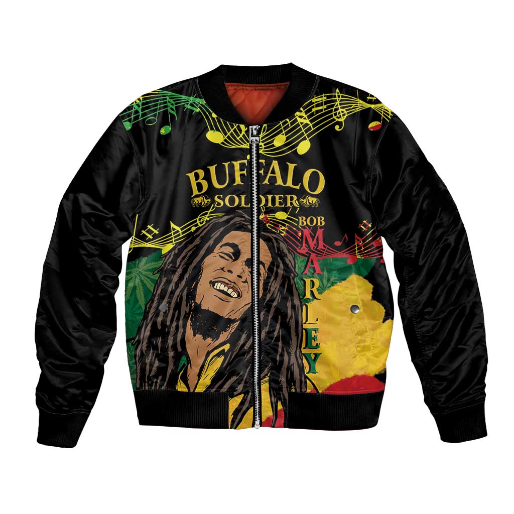 Black bomber jacket with colorful front graphic and ribbed collar
