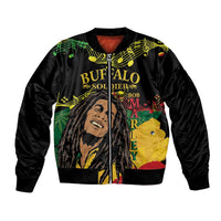 Black bomber jacket with colorful front graphic and ribbed collar