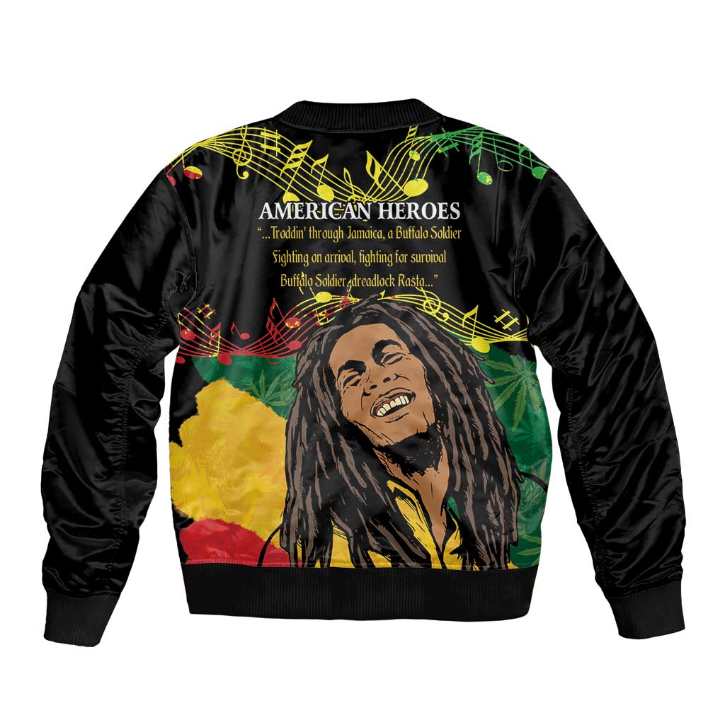 Black bomber jacket with American Heroes text and large portrait back graphic