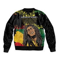 Black bomber jacket with American Heroes text and large portrait back graphic