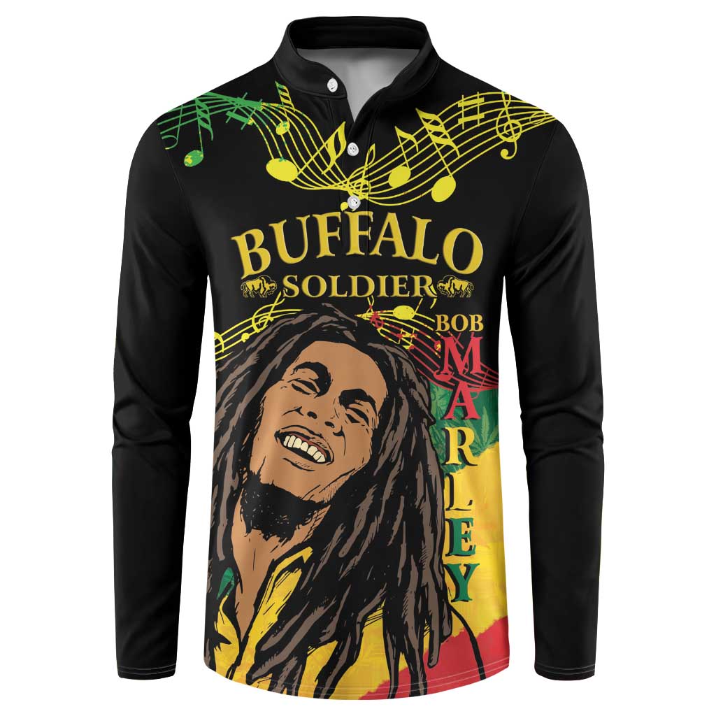 Black long-sleeve button sweatshirt with Buffalo Soldier graphic and music notes