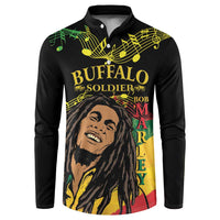 Black long-sleeve button sweatshirt with Buffalo Soldier graphic and music notes