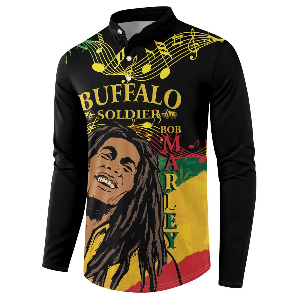 Black long-sleeve button sweatshirt with Buffalo Soldier face, vertical Marley text