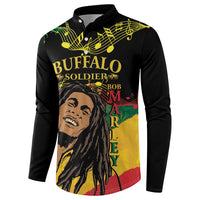 Black long-sleeve button sweatshirt with Buffalo Soldier face, vertical Marley text