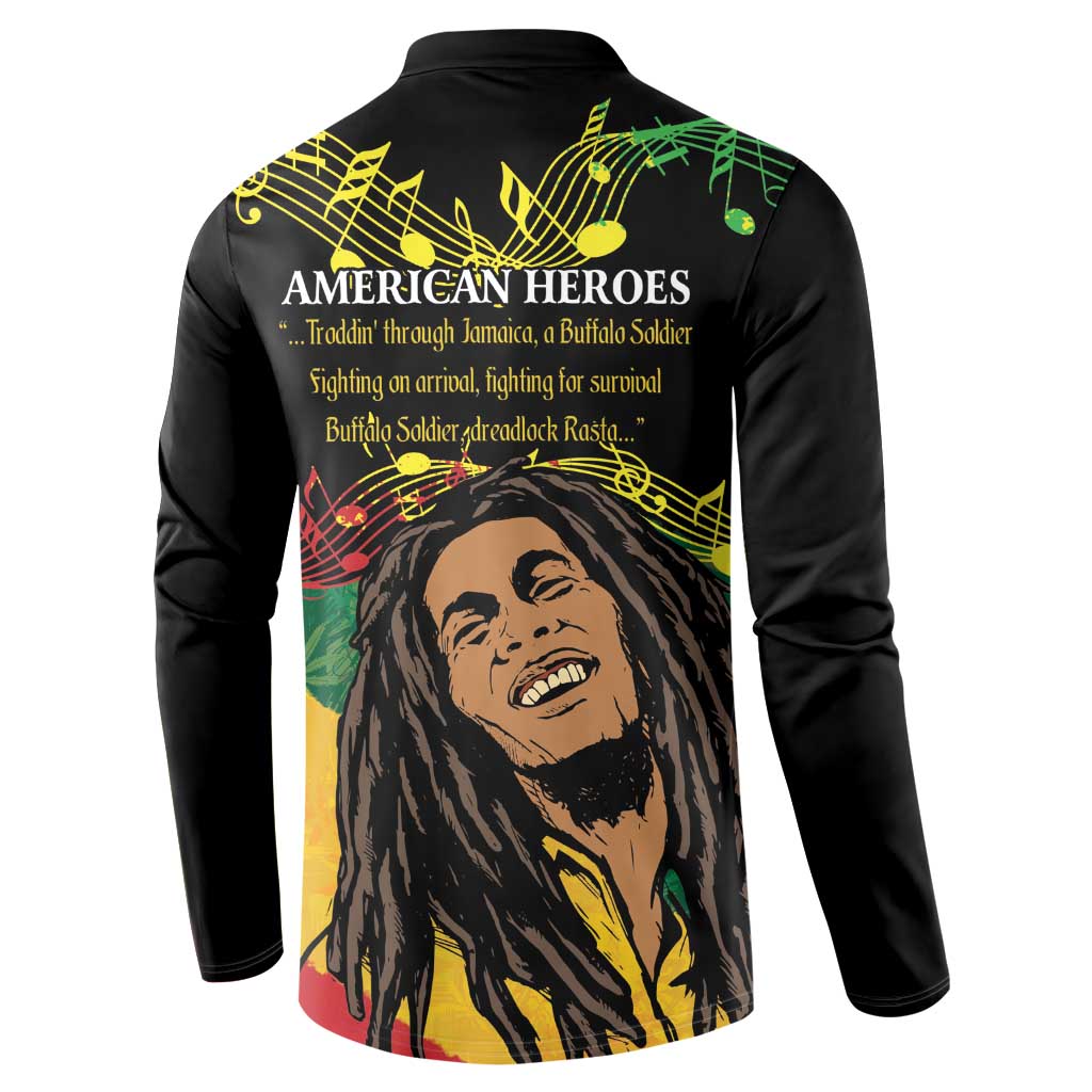 Black long-sleeve button sweatshirt, American Heroes text with back portrait and music