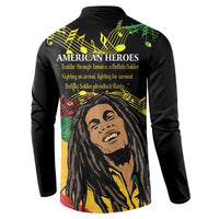 Black long-sleeve button sweatshirt, American Heroes text with back portrait and music