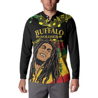 Black long-sleeve button sweatshirt on model, front Buffalo Soldier graphic
