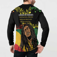 Black long-sleeve button sweatshirt on model, back American Heroes portrait and notes