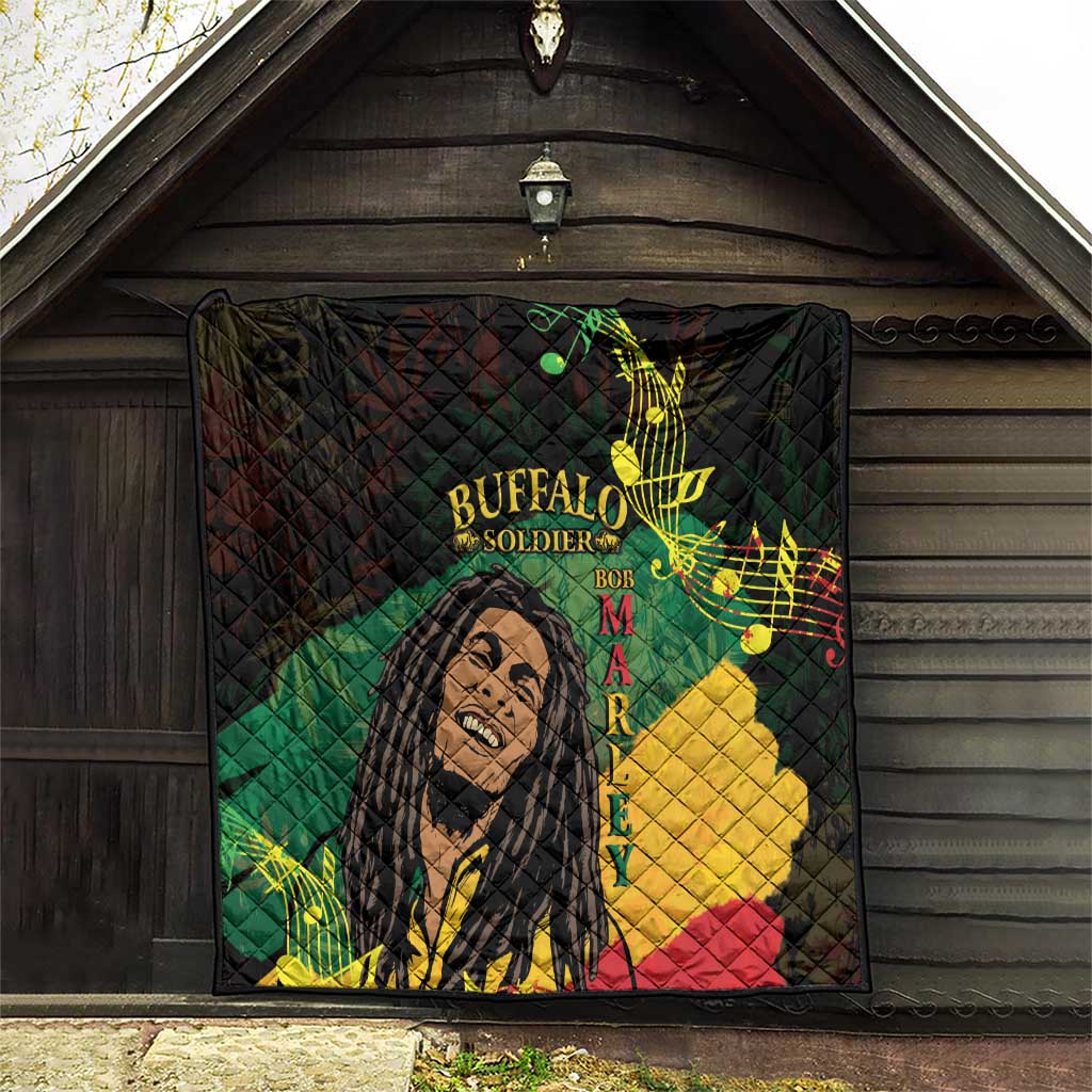 Black quilt blanket with Buffalo Soldier portrait, musical notes, and green/yellow/red panels.