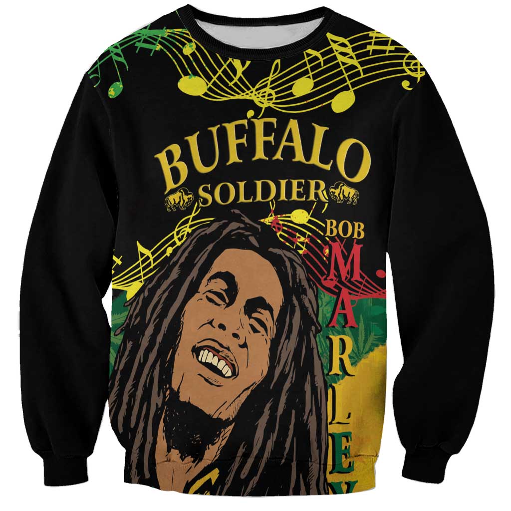 Black crewneck sweatshirt with colorful Buffalo Soldier reggae graphic, front.