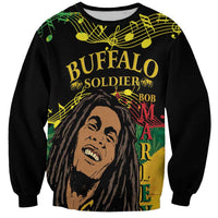 Black crewneck sweatshirt with colorful Buffalo Soldier reggae graphic, front.