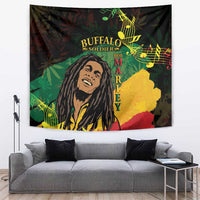 Black rectangular wall tapestry with buffalo soldier portrait and multicolor reggae pattern