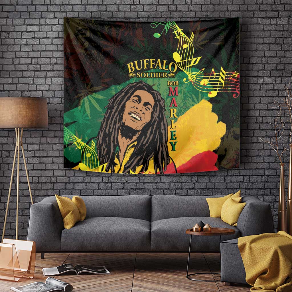 Black rectangular tapestry with buffalo soldier portrait, musical notes, and colorful paint splashes
