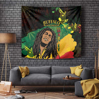 Black rectangular tapestry with buffalo soldier portrait, musical notes, and colorful paint splashes
