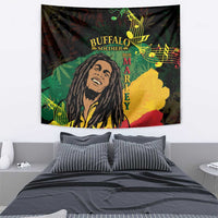 Black rectangular tapestry featuring buffalo soldier portrait with “MARLEY” vertical lettering