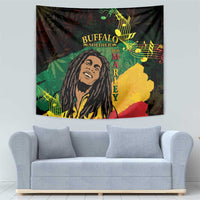 Black rectangular tapestry wall hanging with buffalo soldier portrait and music-note graphic