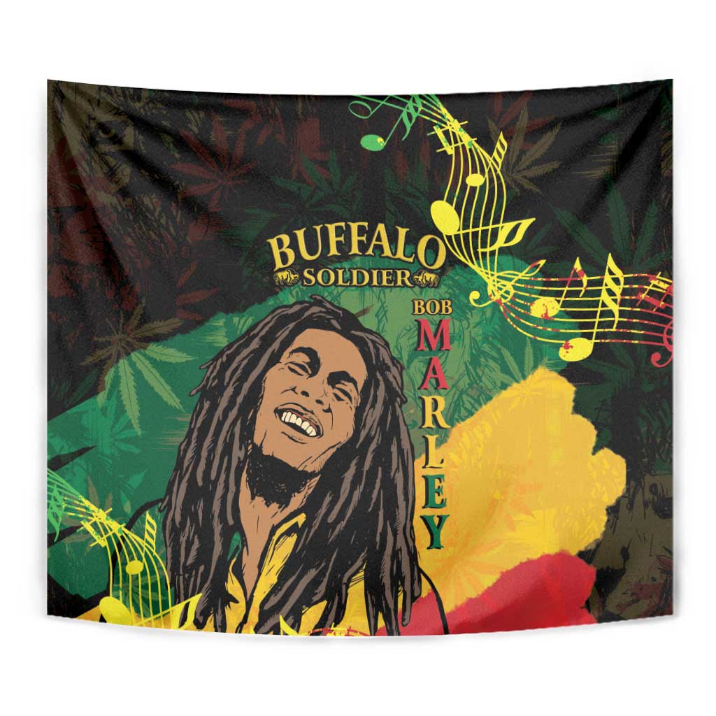 Black rectangular tapestry with buffalo soldier portrait, “MARLEY” vertical text, and music notes