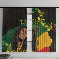 Black window curtain set with reggae-style portrait and musical notes print, full view.