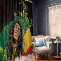 Black window curtain panels with reggae portrait and vertical 'MARLEY' lettering, side view.