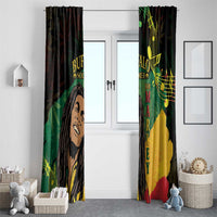 Black window curtain panels with reggae portrait, musical notes, and 'BUFFALO SOLDIER' text.