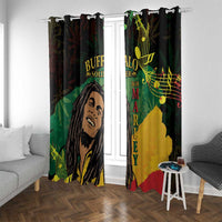 Black window curtain panels with portrait artwork and 'MARLEY' text, hanging side-by-side.