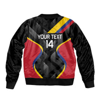 Black zip-up bomber jacket with red, yellow, blue flag graphic and "YOUR TEXT" 14