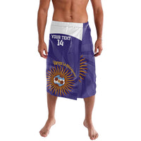 Purple football-style shorts with white waistband, sun emblem and 'Your Text 14'