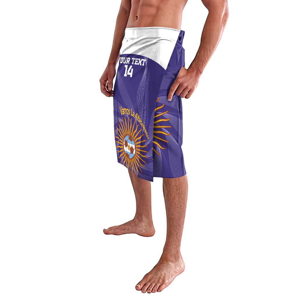 Purple football-style shorts, side view with sun emblem and 'Your Text 14' panel