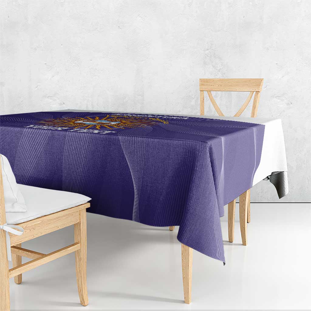 Purple football tablecloth with printed Argentina design, draped over table
