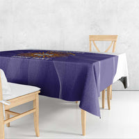 Purple football tablecloth with printed Argentina design, draped over table