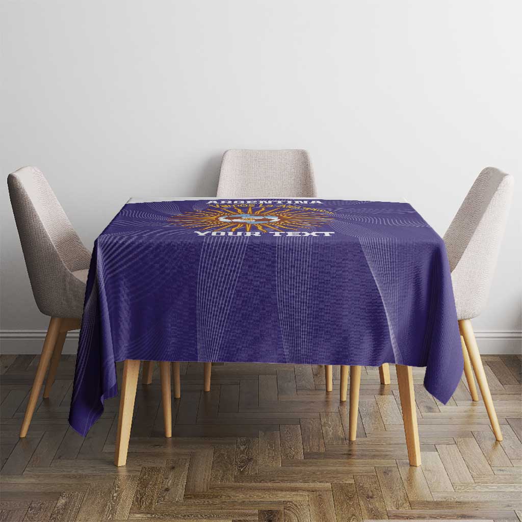 Purple Argentina football tablecloth with printed text, draped on dining table