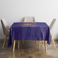 Purple Argentina football tablecloth with printed text, draped on dining table