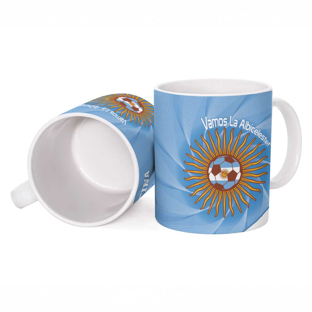 Blue ceramic football mug side view with sun emblem and 'Vamos La Albiceleste'