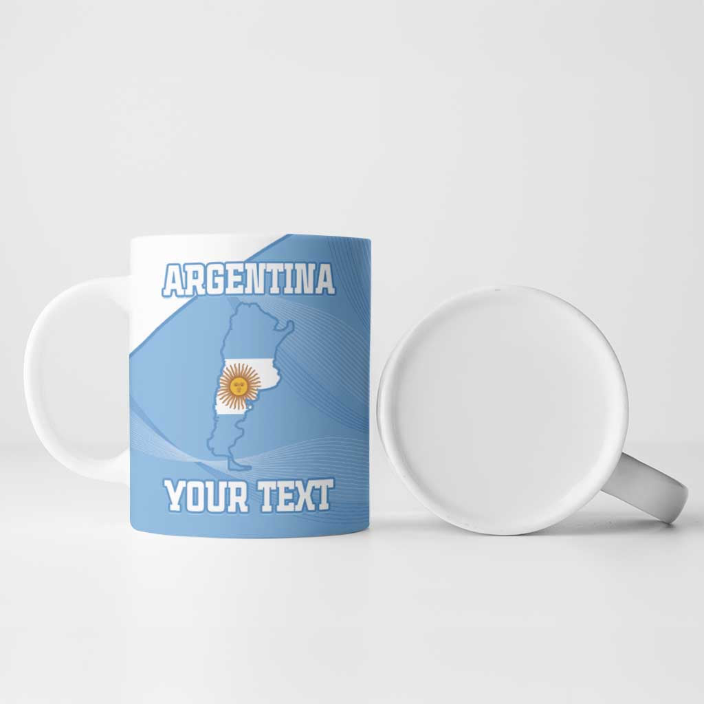 Blue ceramic football mug with Argentina map and 'YOUR TEXT', showing back side