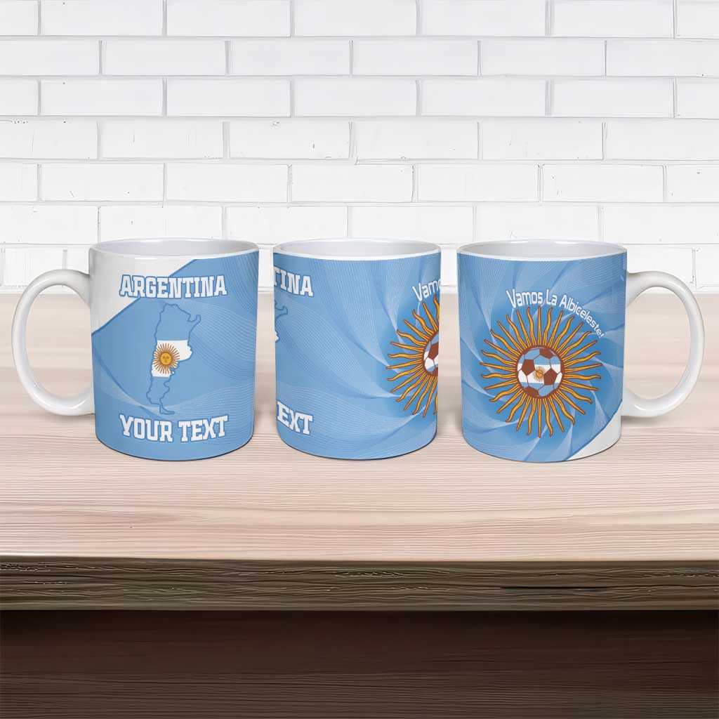Three blue Argentina ceramic football mugs with sun emblem and 'Vamos La Albiceleste'