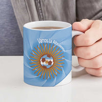 Blue ceramic football mug with sun emblem and 'Vamos La Albiceleste', filled