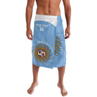 Blue sports shorts with white waistband, Argentina sun crest graphic and fringe rays