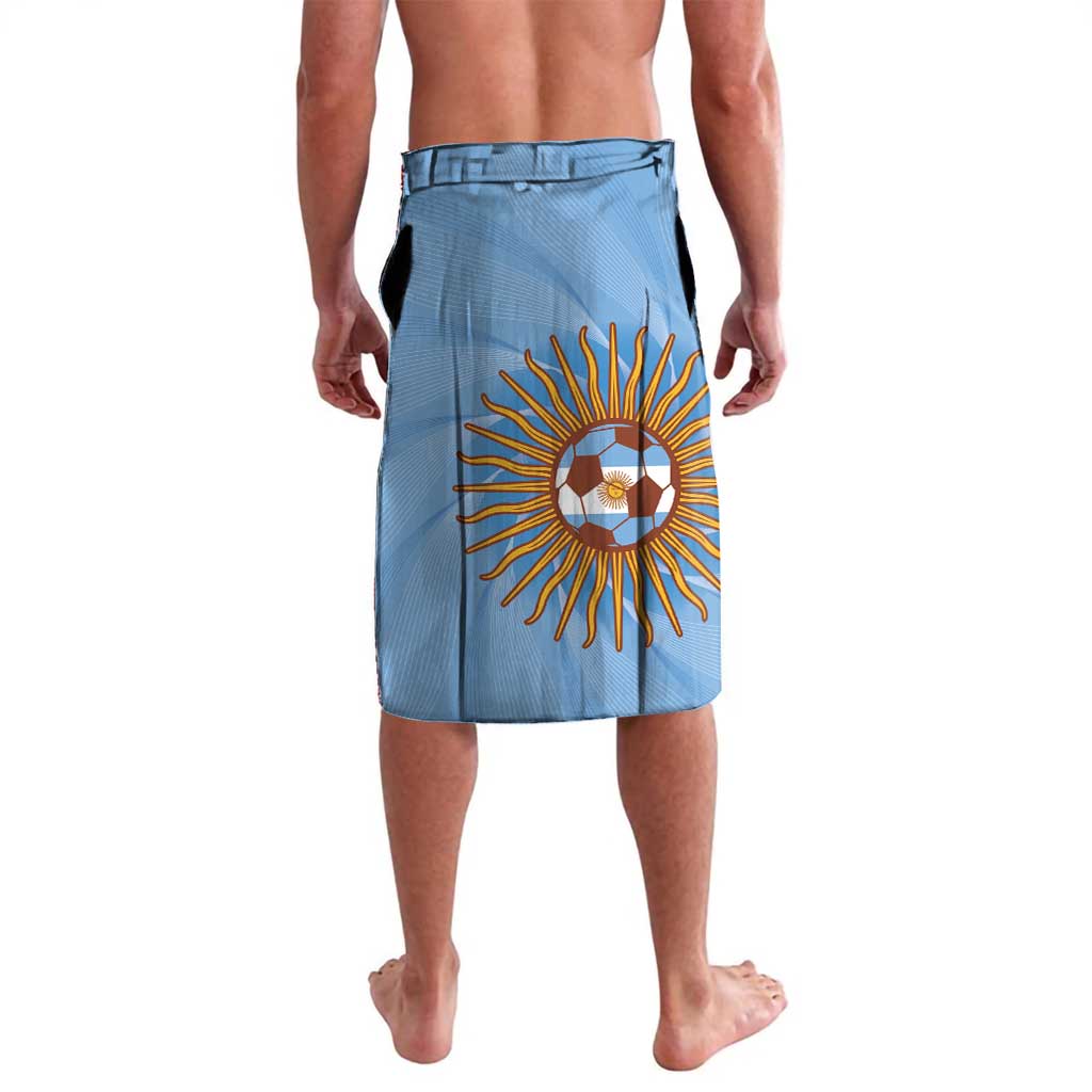 Blue sports shorts with white waistband, sunburst and soccer ball crest graphic