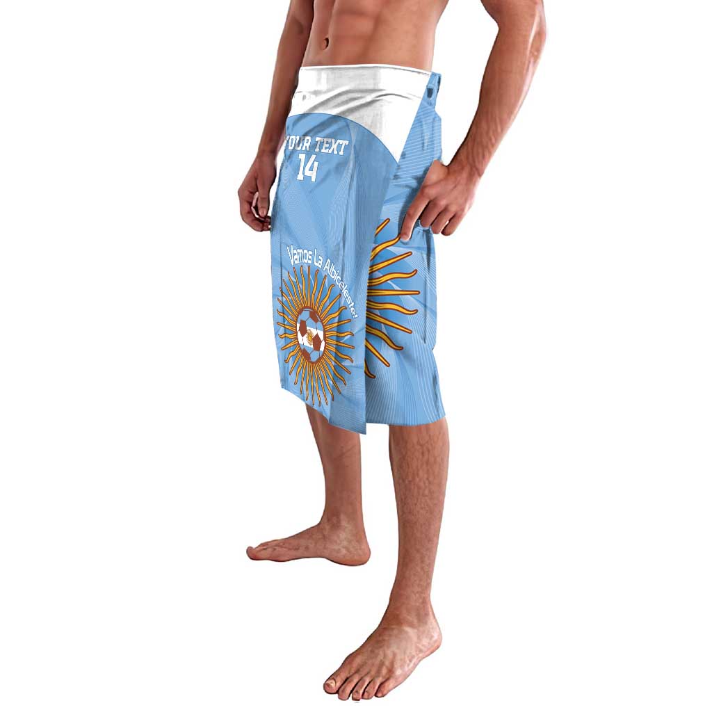 Blue sports shorts with white waistband, "YOUR TEXT 14" and Argentina sun crest