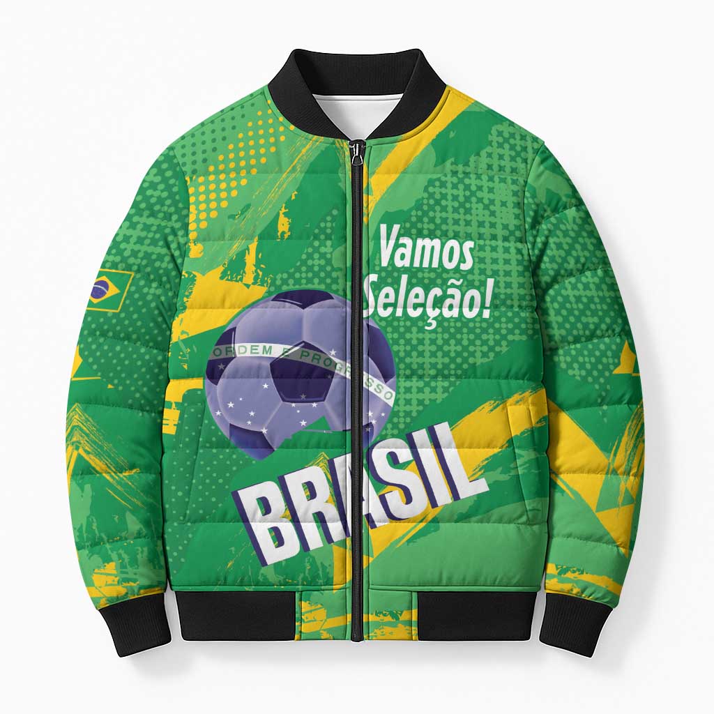 Custom Brazil Football Bomber Puffer Jacket Vamos Selecao Brushes Style - Wonder Print Shop