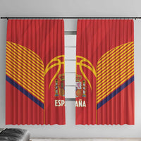 Red Spain football window curtain with crest and yellow-striped fan design, blue accents