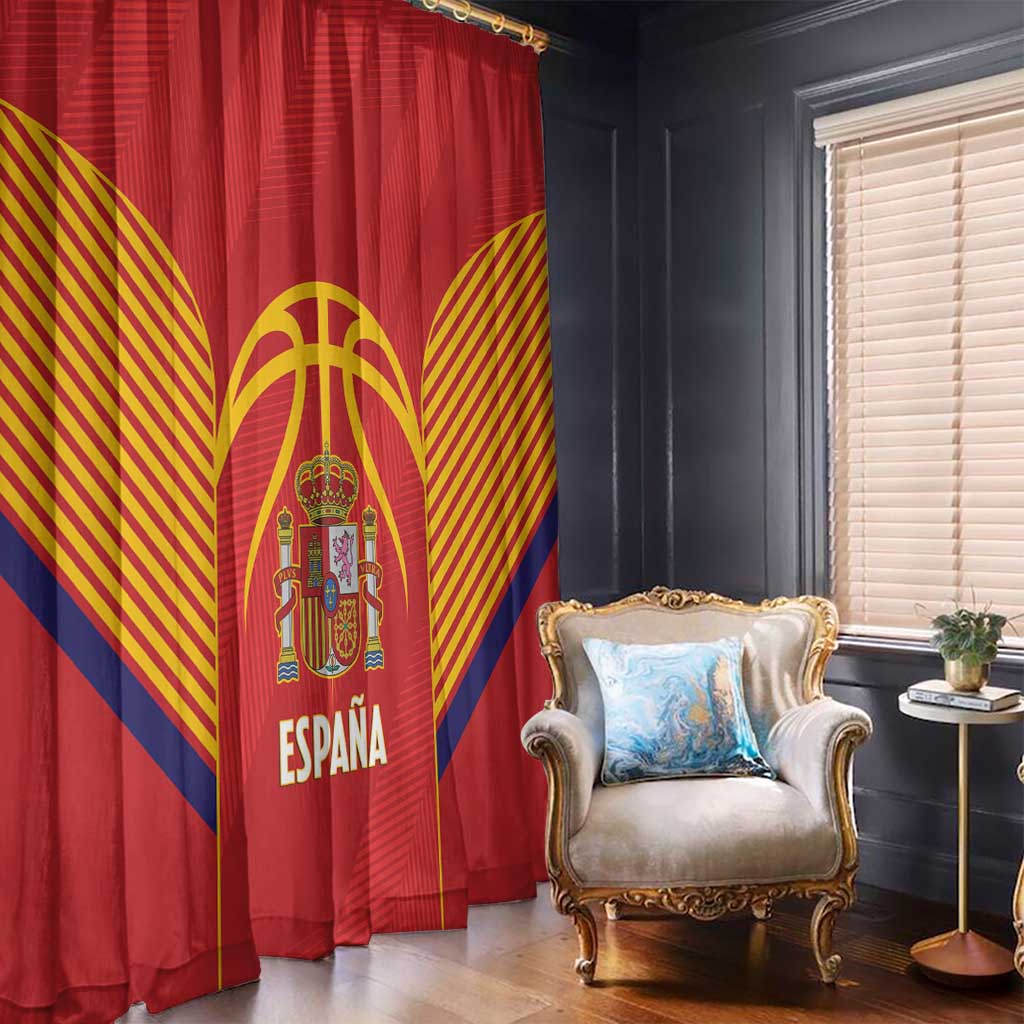Red Spain window curtain with large crest and fan stripes, hanging on a rod