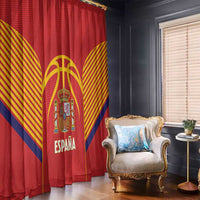 Red Spain window curtain with large crest and fan stripes, hanging on a rod