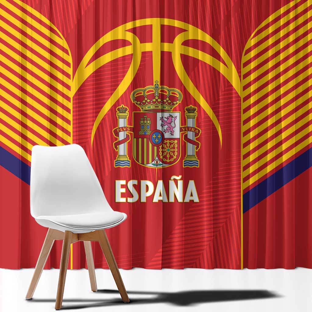 Red Spain curtain panel with central crest and yellow fan stripes over blue diagonal band
