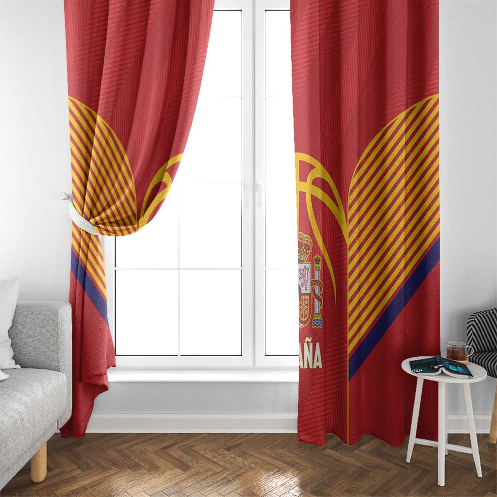 Red Spain window curtain with crest and yellow-and-blue fan stripe pattern on sheer opening