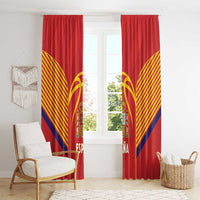Red Spain window curtains with crest and yellow fan stripes, top gathered on a rod
