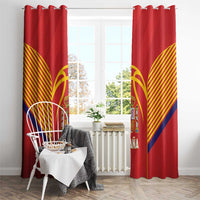 Red Spain curtains with hook-style top, crest logo and yellow striped fan accents