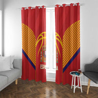 Red Spain window curtains with rod-top hooks and crest artwork, yellow fan stripes