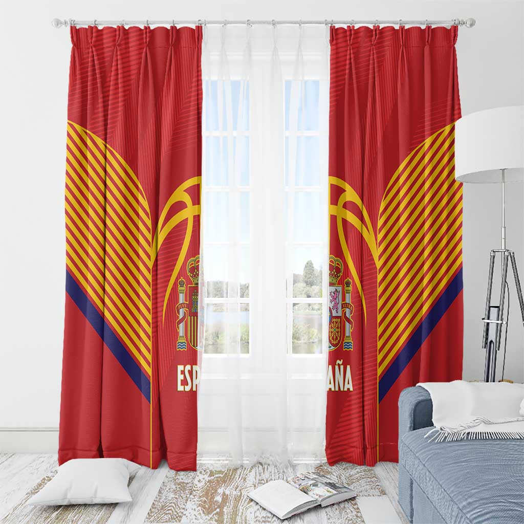 Red Spain curtain panels with crest and yellow fan stripes, hanging with white sheer center