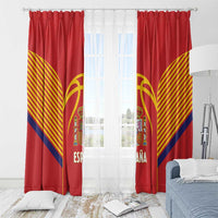 Red Spain curtain panels with crest and yellow fan stripes, hanging with white sheer center